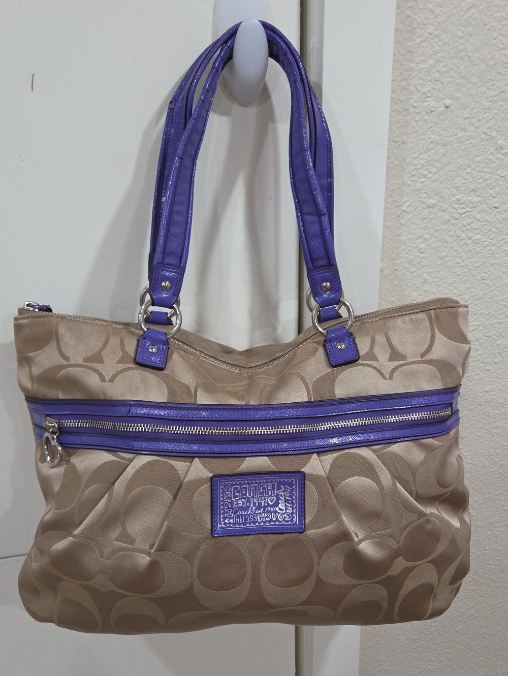 Coach Poppy Beige Signature Tote with Purple Trim and Handles